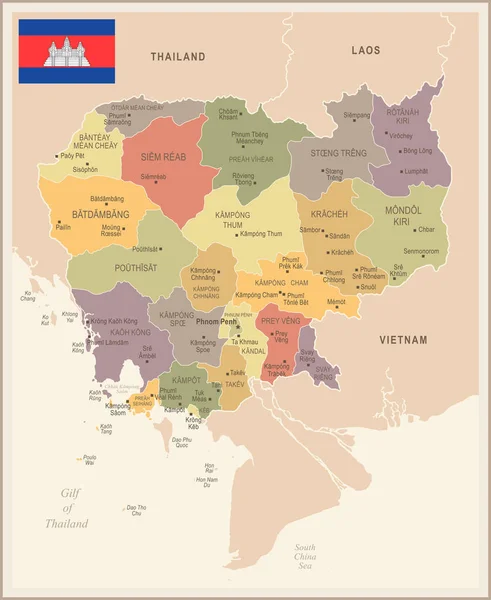 Kambodża - vintage mapę i flagi - Szczegółowa ilustracja wektorowa — Wektor stockowy