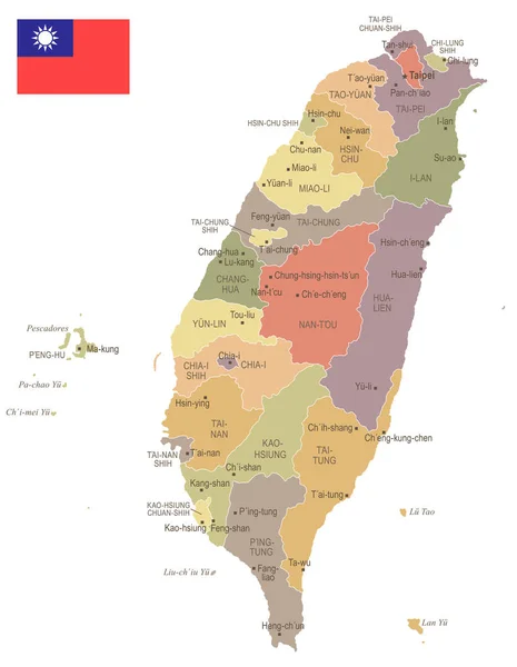 Taiwán - Mapa y bandera vintage - Ilustración vectorial detallada — Vector de stock