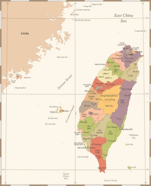 Tajwan-Mapa - rocznika szczegółowe wektor ilustracja — Wektor stockowy