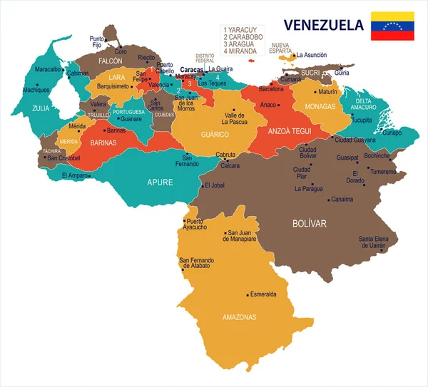 Venezuela - mapa y bandera Ilustración vectorial detallada — Archivo Imágenes Vectoriales