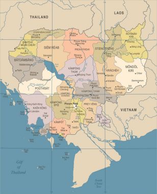 Kamboçya Haritası - Vintage detaylı vektör çizim
