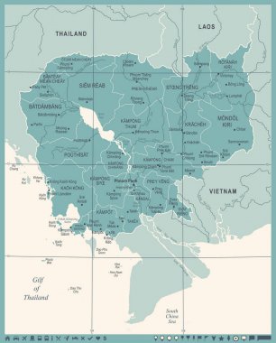 Kamboçya Haritası - Vintage detaylı vektör çizim