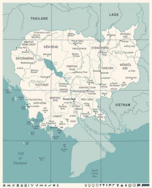 Kamboçya Haritası - Vintage detaylı vektör çizim