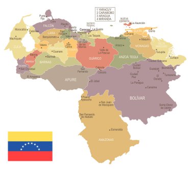 Venezuela - vintage harita ve bayrak - detaylı vektör çizim