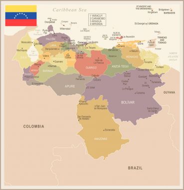 Venezuela - vintage harita ve bayrak - detaylı vektör çizim