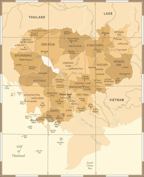 Χάρτης Καμπότζης - Vintage λεπτομερείς διανυσματικά εικονογράφηση — Διανυσματικό Αρχείο