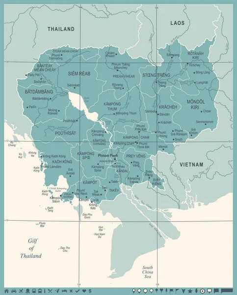 Mappa Cambogia - Illustrazione vettoriale dettagliata vintage — Vettoriale Stock