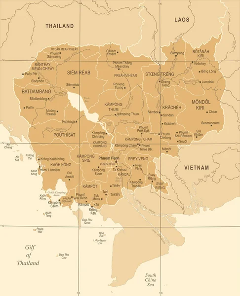 Mapa de Camboya - Vintage ilustración vectorial detallada — Vector de stock