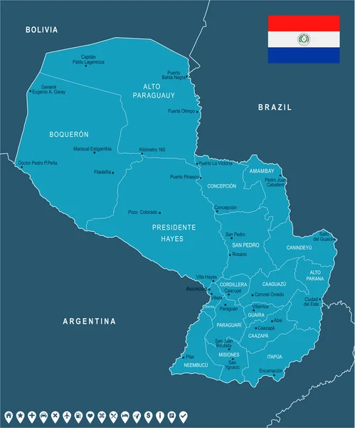 Paragwaj - mapy i flagi - Szczegółowa ilustracja wektorowa — Wektor stockowy