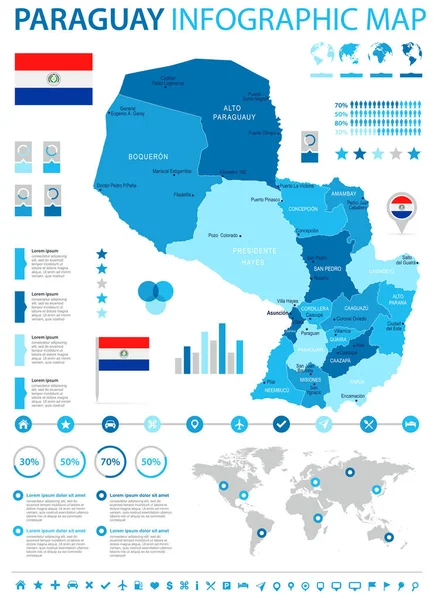 Paraguay - Mapa infográfico y bandera - Ilustración vectorial detallada — Vector de stock