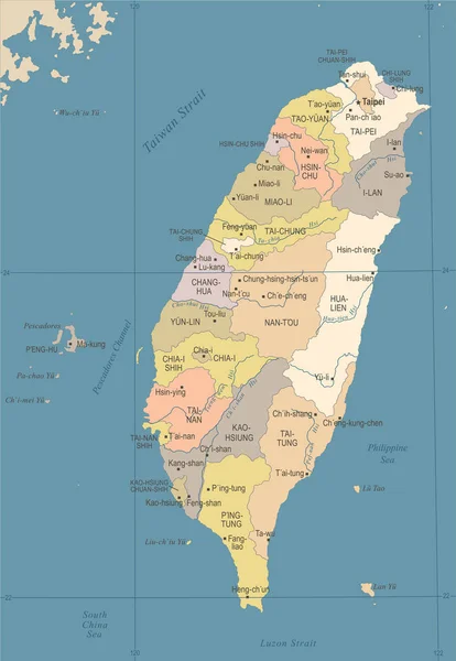 台湾地図 - ヴィンテージの詳細なベクトル図 — ストックベクタ