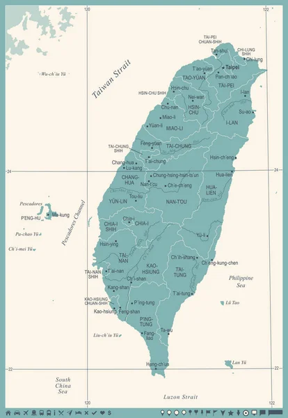台湾地図 - ヴィンテージの詳細なベクトル図 — ストックベクタ