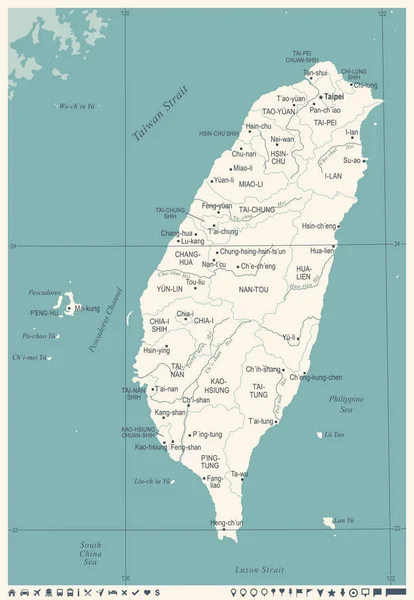 Carte de Taiwan - Illustration vectorielle détaillée vintage — Image vectorielle