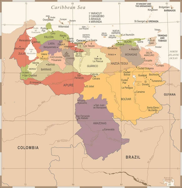 ベネズエラ地図 - ヴィンテージの詳細なベクトル図 — ストックベクタ