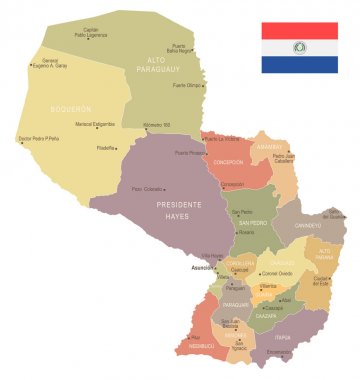 Paraguay - vintage harita ve bayrak - detaylı vektör çizim