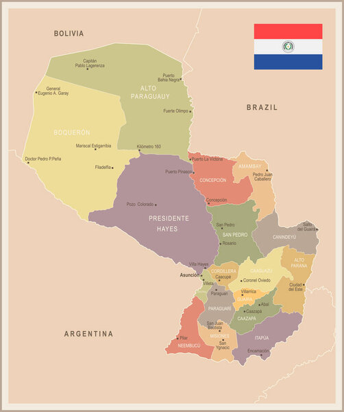 Парагвай - винтажная карта и флаг - подробная векторная иллюстрация
