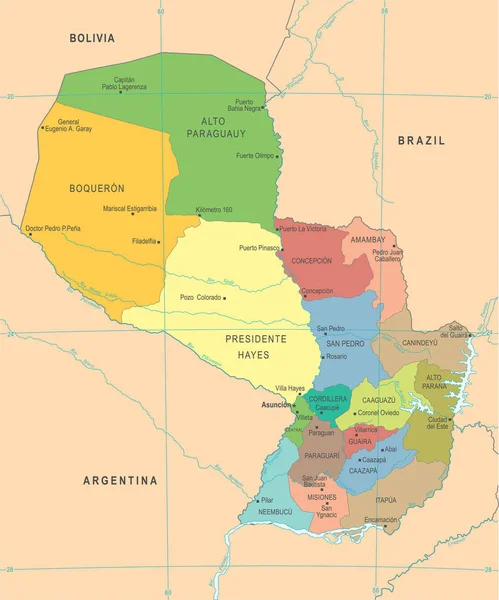 Paragwaj-Mapa - szczegółowe wektor ilustracja — Wektor stockowy