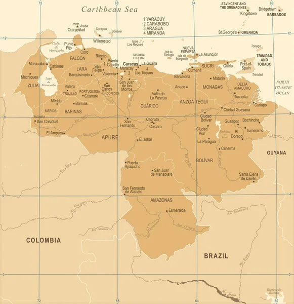 Venezuela Mapa - Vintage ilustración vectorial detallada — Vector de stock