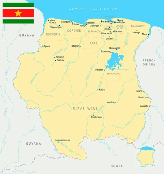 Surinam, Mapa - szczegółowe wektor ilustracja — Wektor stockowy