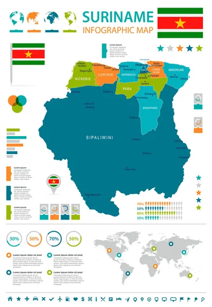 Surinam - Mapa y bandera de la infografía - Ilustración vectorial detallada — Archivo Imágenes Vectoriales