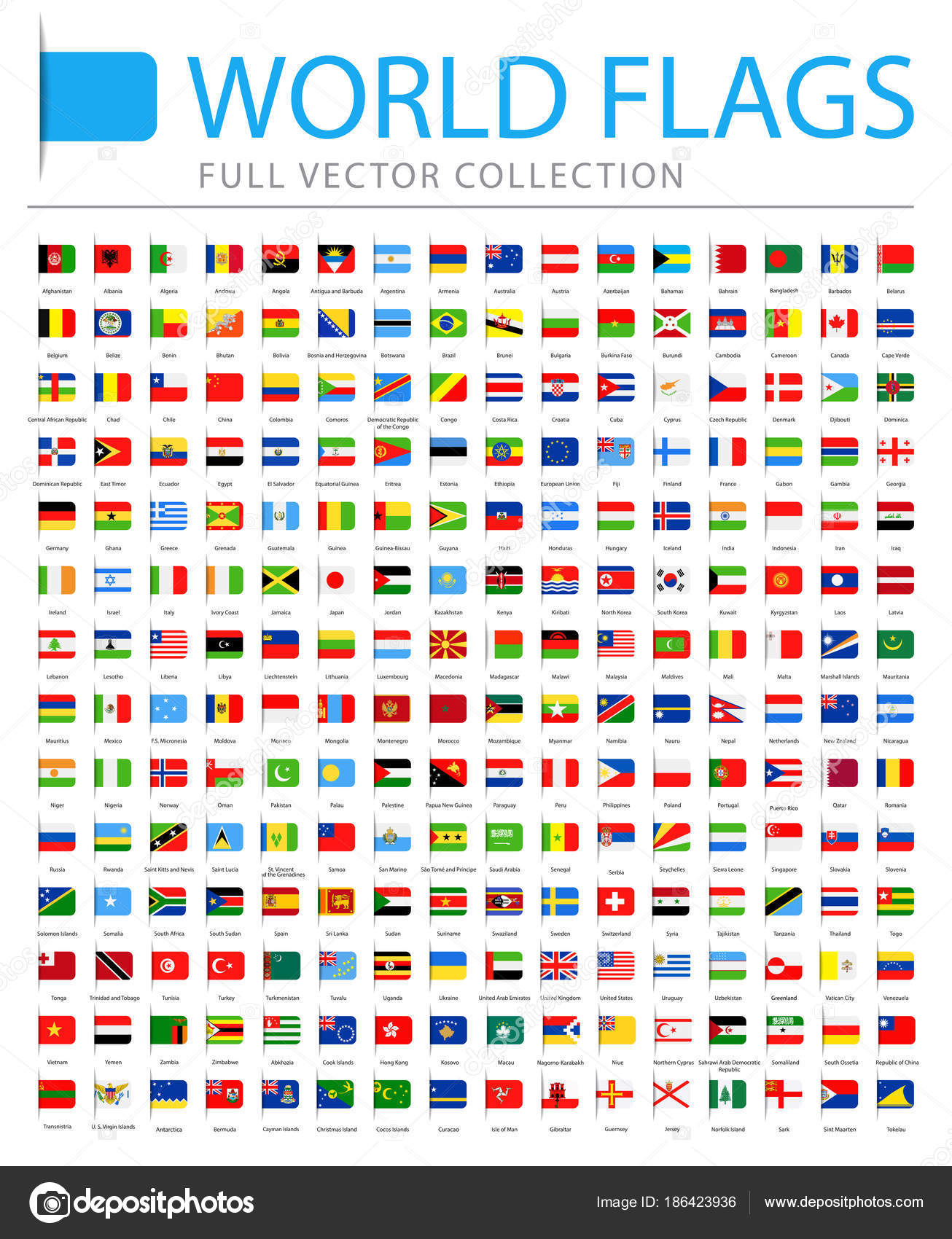 All World Flags New Additional List of Countries and Territories Vector Bookmark Flat Icons