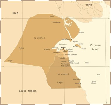 Kuveyt Haritası - Vintage detaylı vektör çizim
