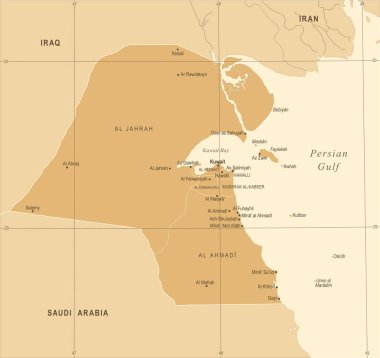 Kuveyt Haritası - Vintage detaylı vektör çizim