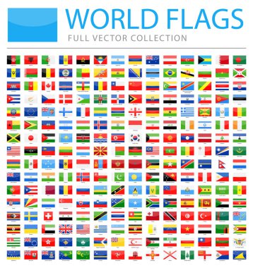 Tüm dünya bayrakları - yeni ek listesi ülke ve bölgede - vektör dikdörtgen parlak simgeler