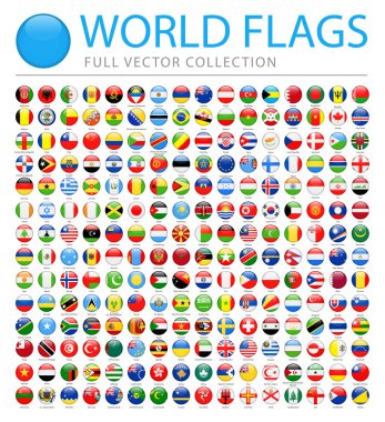 Tüm dünya bayrakları - yeni ek listesi ülke ve bölgede - vektör yuvarlak parlak simgeler