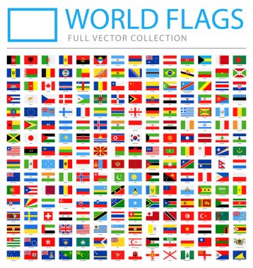 Tüm dünya bayrakları - yeni ek listesi ülke ve bölgede - vektör dikdörtgen düz simgeler