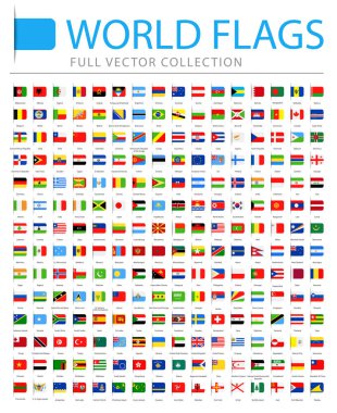 Tüm dünya bayrakları - yeni ek listesi ülke ve bölgede - vektör yer imi düz simgeler