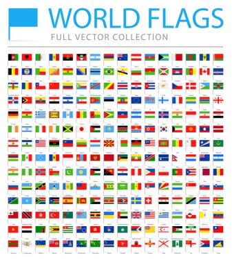 Tüm dünya bayrakları - yeni ek listesi ülke ve bölgede - vektör PIN düz simgeler