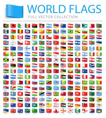 Tüm dünya bayrakları - yeni ek listesi ülke ve bölgede - vektör etiketi düz simgeler