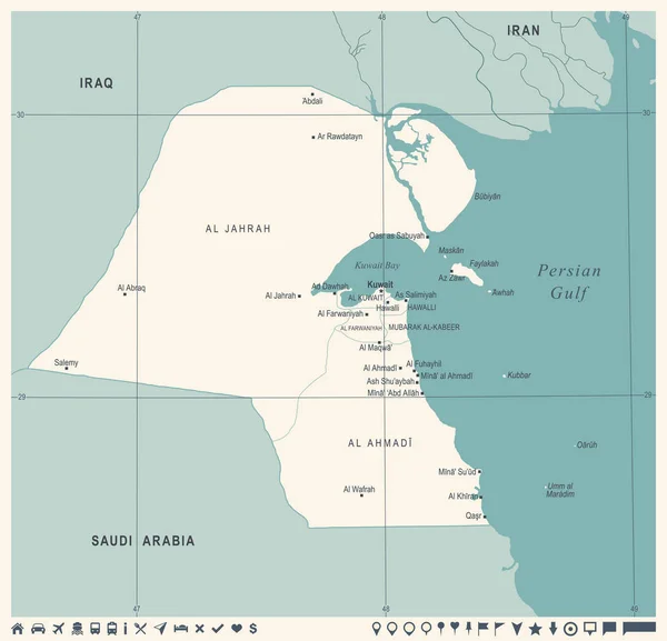 Kuwait Map - Vintage ilustración vectorial detallada — Archivo Imágenes Vectoriales