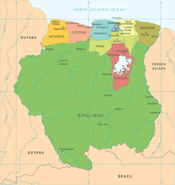 Карта Суринама - подробная векторная иллюстрация — стоковый вектор