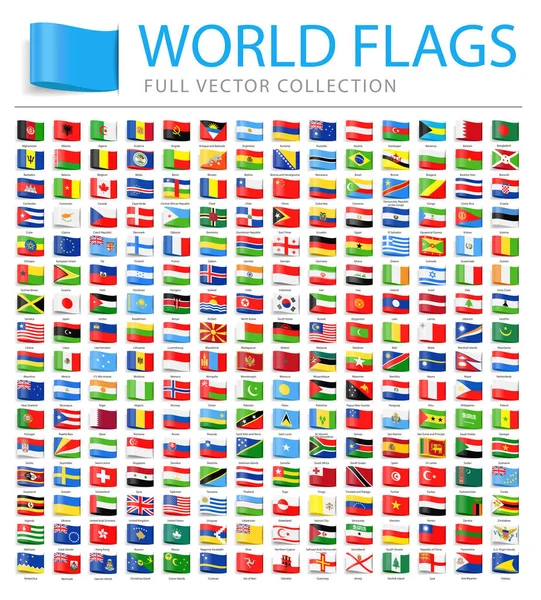 Alla världens flaggor - nya ytterligare lista över länder och territorier - vektor Tag platt ikoner — Stock vektor