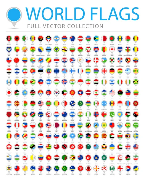 Todas as bandeiras do mundo - Nova Lista Adicional de Países e Territórios - Vector Round Pin Flat Icons — Vetor de Stock