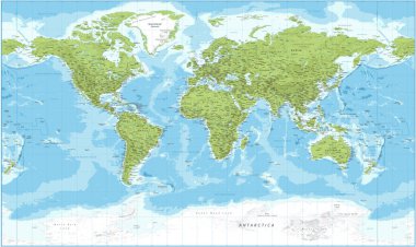 World Map - Physical Topographic - Vector Detailed Illustration clipart