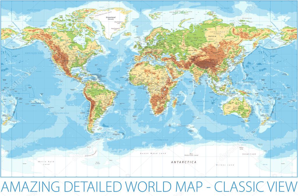 World Map - Physical Topographic - Vector Detailed Illustration