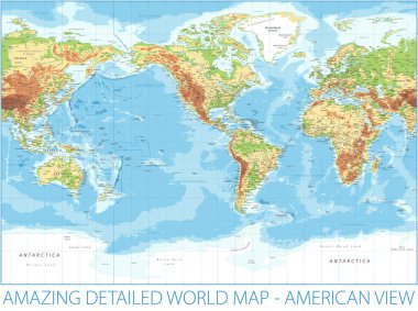 Dünya Haritası - Amerikan Görünümü - Fiziksel Topografik - Vektör Ayrıntılı İllüstrasyon - Merkezdeki Amerika
