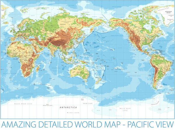 World Map - Pacific View - Physical Topographic - Vector Detailed Illustration