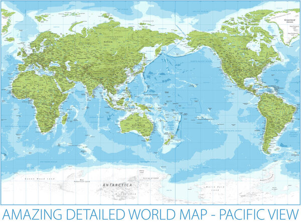 World Map - Pacific View - Relief Physical Topographic - Vector Detailed Illustration