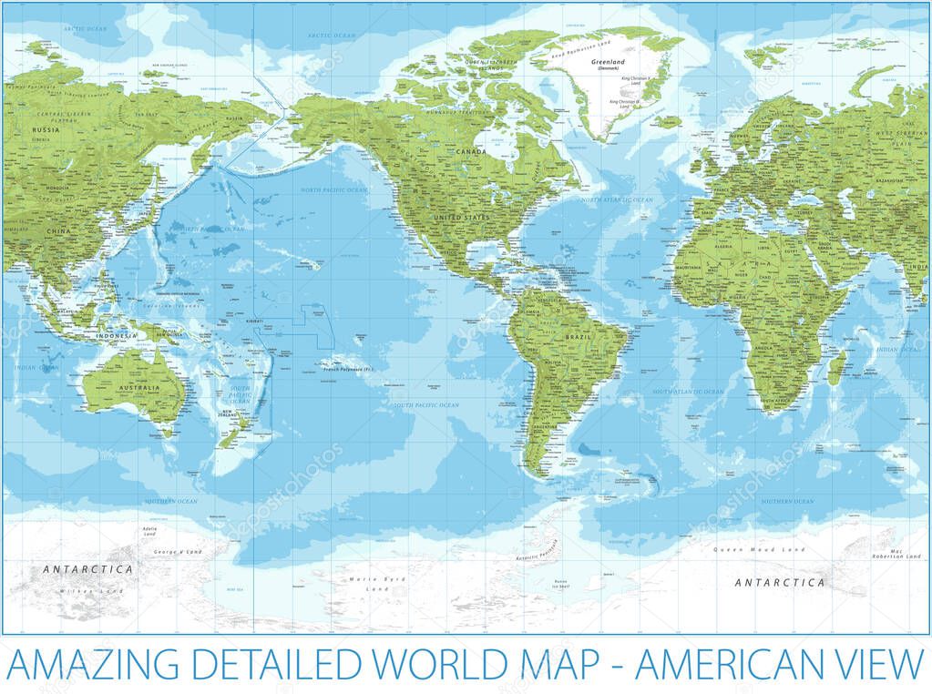 World Map - American View - Relief Physical Topographic - Vector Detailed Illustration - America in Center