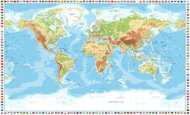 Dünya Haritası ve Bayrakları - Fiziksel Topografik - Vektör Ayrıntılı İllüstrasyon