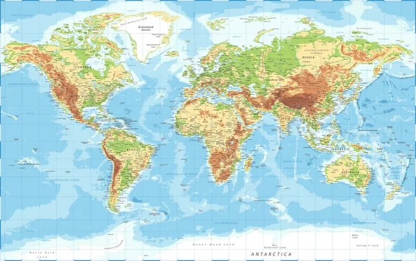 Weltkarte - physikalische topographische Darstellung - Vektor detaillierte Darstellung — Stockvektor