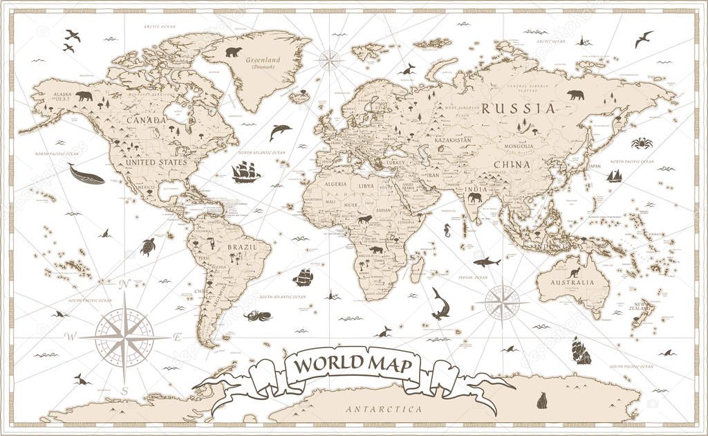 World Map Vintage Cartoon Detailed - vector with layers