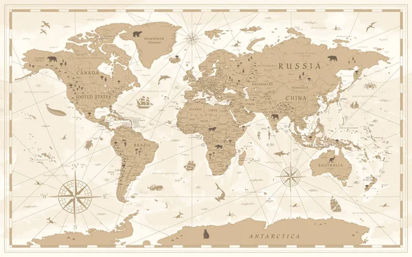 Mapa do mundo Desenhos animados Vintage Detalhado - vetor — Vetor de Stock