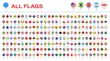 Tüm Dünya Bayrakları - Vektör Yuvarlak Pin Düz Simgeleri. Bayrakların 2020 versiyonu