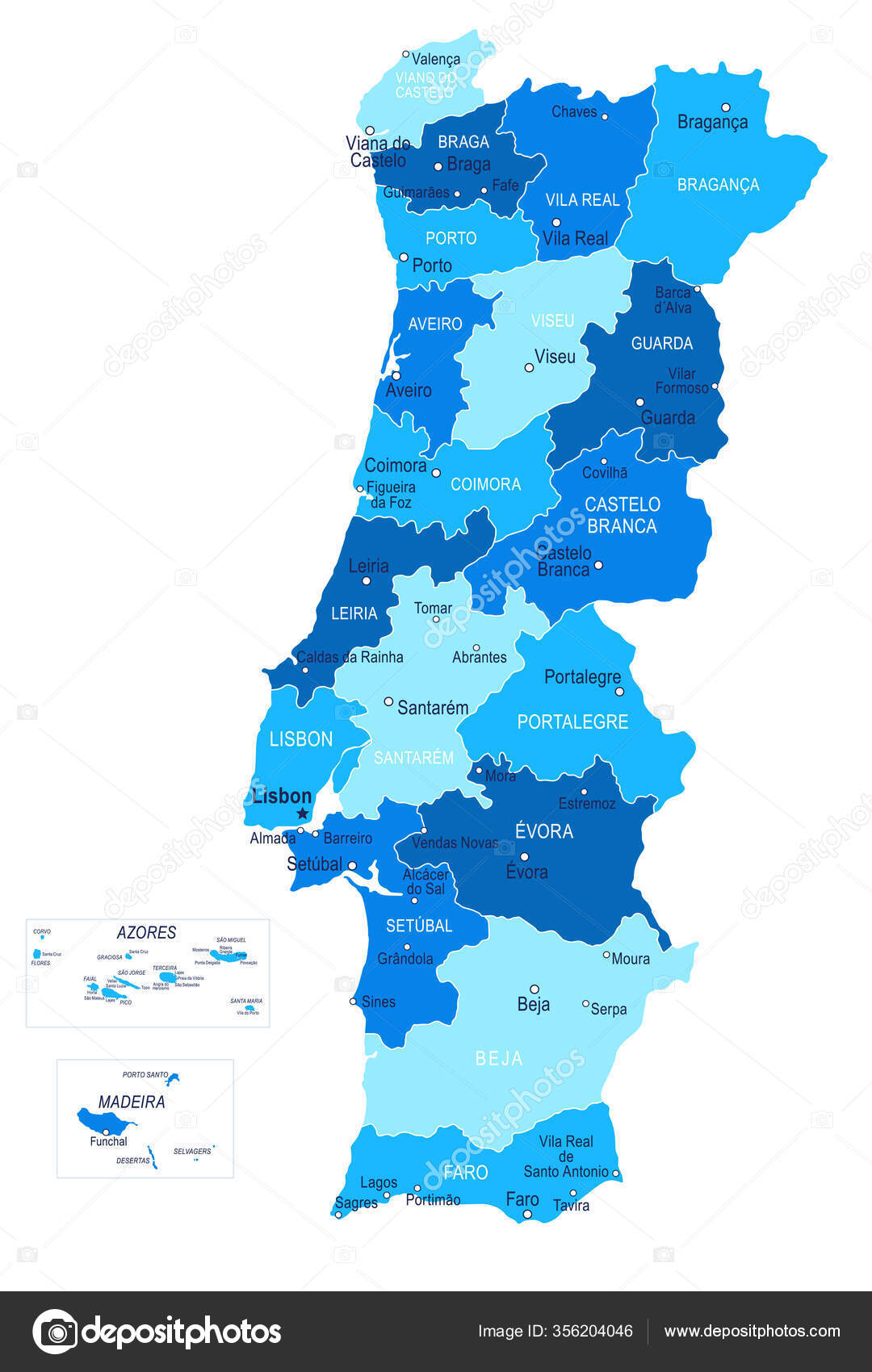 Mapa colorido de portugal com regiões e principais cidades ilustração em  vetor