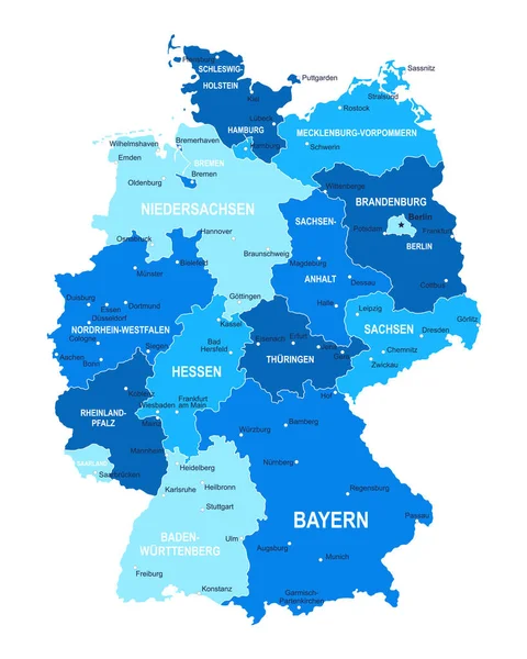 Mapa Niemiec Regiony Miejskie Ilustracja Wektora — Wektor stockowy